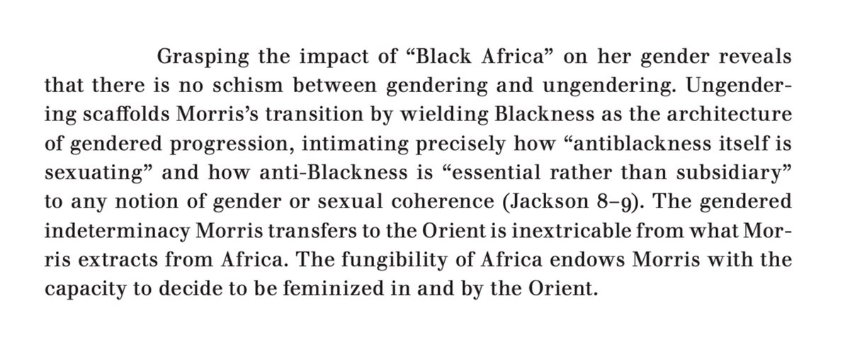 "'Black Africa,' as the perimeter of the possible, is that over and against which the metamorphic capacity of the Orient is produced" — read Joshua Falek's  "'Everything I Wanted Not to Be': The Specter of Africa in the Trans Travel Narrative" here: read.dukeupress.edu/differences/ar…