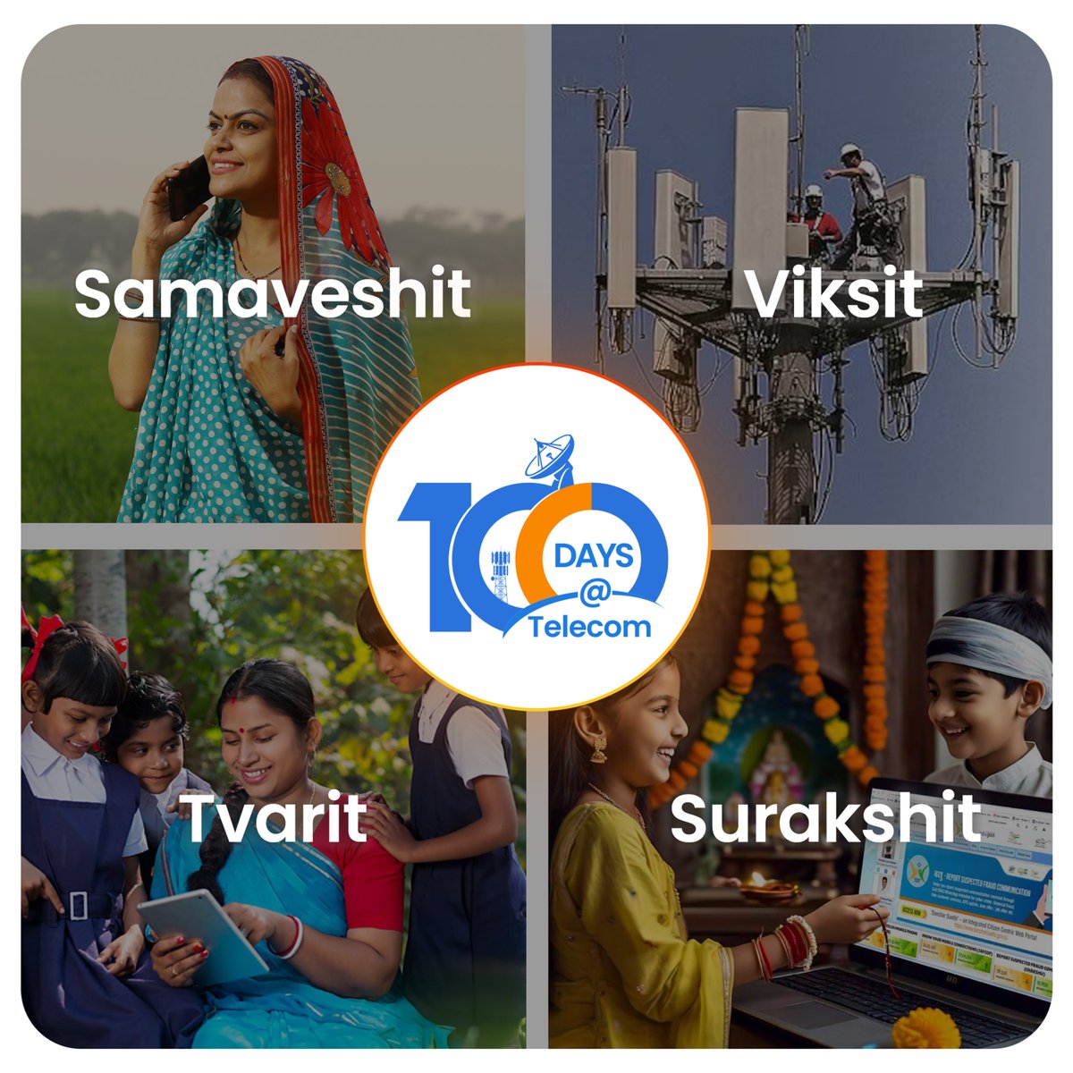 DoT_India's tweet image. Leading the charge in digital transformation!

@DoT_India has made rapid strides in creating a conducive telecom ecosystem in #100DaysOfModi3 

By adhering to the principles of:

Samaveshit: Connectivity for All with 4G Saturation and 5G Expansion

Viksit: Cutting-Edge Tech…