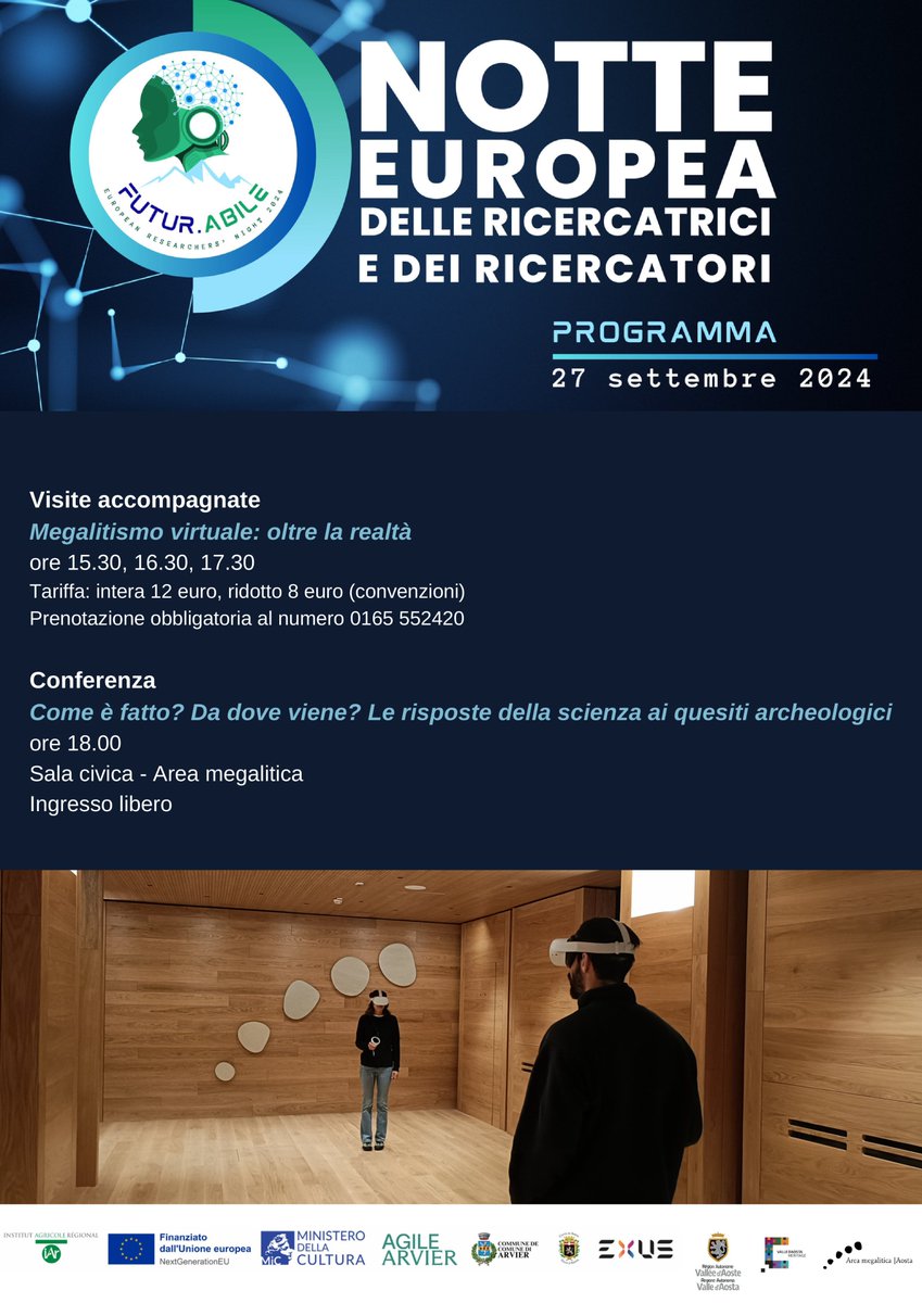 #savethedate Notte delle Ricercatrici e dei Ricercatori 2024 all'AreaMegalitica di #Aosta.
Speciali visite guidate con i visori VR.
Conferenza tra scienza delle conservazione e archeologia.
Non mancate!
<a href="/vdaufficiale/">Regione Autonoma Valle d'Aosta</a> <a href="/aostasera/">AostaSera.it</a>