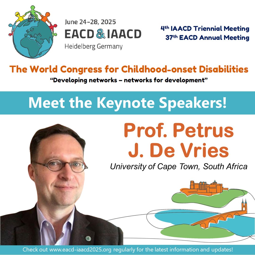 EACD / IAACD Heidelberg 2025 (@eacd2025) on Twitter photo Introducing our keynote speakers: Prof. Petrus J. de Vries is the Sue Struengmann Professor of Child & Adolescent Psychiatry, and Director of the Centre for Autism Research in Africa at the University of Cape Town. He is President of <a href="/AutismINSAR/">International Society for Autism Research, INSAR</a> for the 2023-2025 term. Introducing our keynote speakers: Prof. Petrus J. de Vries is the Sue Struengmann Professor of Child & Adolescent Psychiatry, and Director of the Centre for Autism Research in Africa at the University of Cape Town. He is President of <a href="/AutismINSAR/">International Society for Autism Research, INSAR</a> for the 2023-2025 term.