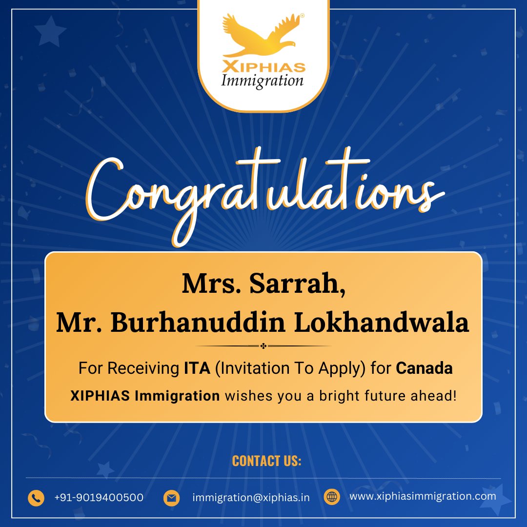 XiphiasInfo's tweet image. Congratulations on your ITA, Mrs. Sarrah, and Mr. Burhanuddin Lokhandwala 

XIPHIAS Immigration wishes you a bright future ahead!
#XIPHIAS #XIPHIASIMMIGRATION #ITACANADA #canadapr #candavisa