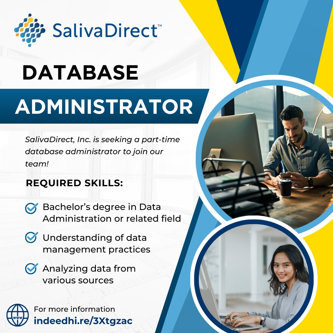 saliva_direct's tweet image. Are you a whiz at #dataanalysis and database management? We’re seeking a part-time #DatabaseAdministrator to join our #SalivaDirect, Inc. team. Apply now at indeedhi.re/3Xtgzac and be part of our mission to provide equitable testing for all!
#jobopening #publichealth #hiring