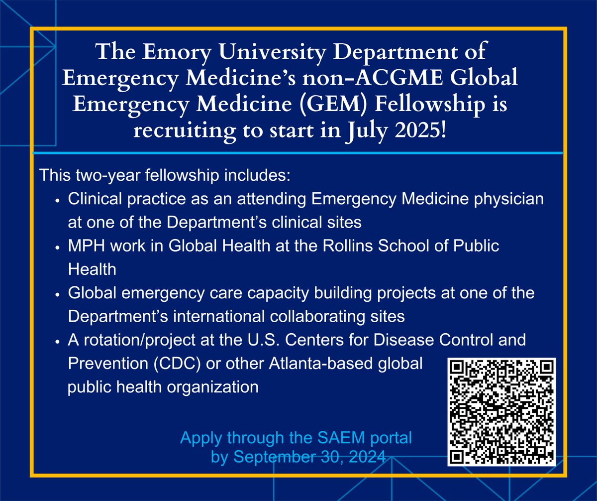 Emory EM (@emoryem) on Twitter photo The #EmoryEM non-ACGME Global Emergency Medicine two year Fellowship is recruiting to start in July 2025! Applications are accepted through the @SAEM portal through Sept. 30.
To learn more, please visit saem.org/detail-pages/gā¦
<a href="/yaffee_anna/">Anna Yaffee</a> <a href="/Emory_GHEMS/">Emory Global Health in Emergency Medicine Section</a> <a href="/SAEM_GEMA/">SAEM Global Emergency Medicine Academy</a> The #EmoryEM non-ACGME Global Emergency Medicine two year Fellowship is recruiting to start in July 2025! Applications are accepted through the @SAEM portal through Sept. 30.
To learn more, please visit saem.org/detail-pages/gā¦
<a href="/yaffee_anna/">Anna Yaffee</a> <a href="/Emory_GHEMS/">Emory Global Health in Emergency Medicine Section</a> <a href="/SAEM_GEMA/">SAEM Global Emergency Medicine Academy</a>