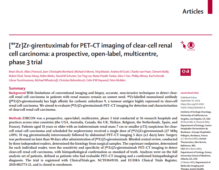 ZIRCON Trial: Promising results for [89Zr]Zr-girentuximab PET-CT in detecting clear-cell renal cell carcinoma! <a href="/KidneyCancerDoc/">Brian Shuch, MD</a> 

🔶 Sensitivity: 85.5% 
🔶 Specificity: 87% 
🔶 No safety signals observed.

Could this be a game changer in RCC diagnosis? 

#RCC #PETCT #Oncology