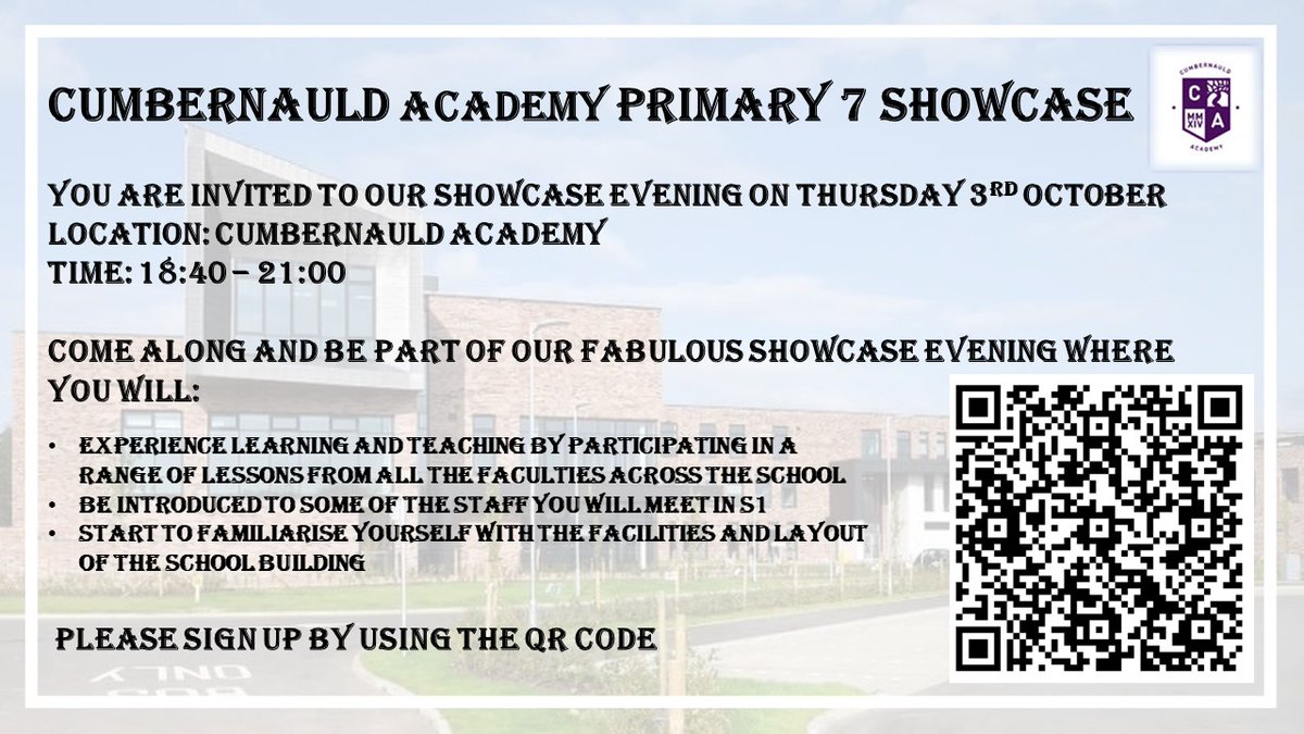 Please sign up using the QR code or follow the link to our website

P7 Showcase Evening – Cumbernauld Academy (glowscotland.org.uk)

<a href="/AbronhillPS/">Abronhill Primary School and Nursery Class</a> <a href="/CarbrainPrimary/">Carbrain Primary School & Nursery Class</a> <a href="/CumbernauldPSPC/">Cumbernauld Primary School Parent Council</a> <a href="/kildrum_ps/">Kildrum Primary</a> <a href="/WhiteleesPS/">WhiteleesPS&NC</a>