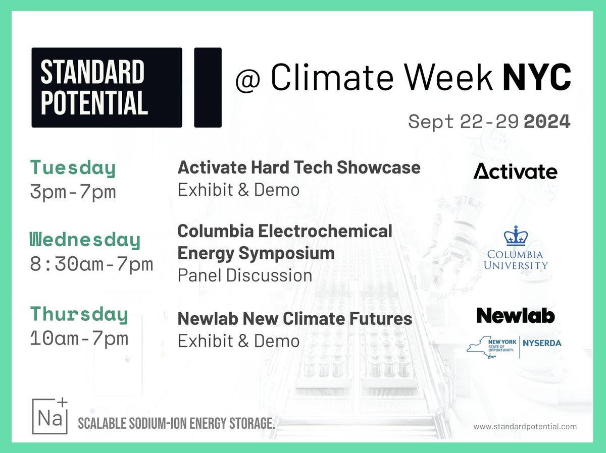Come meet <a href="/StandPotential/">Standard Potential</a> at #ClimateWeekNYC!

- Tues <a href="/activatefellows/">Activate</a> HardTech Showcase (lu.ma/zns7gi1p?tk=Br…) 

- Wed <a href="/CEEC_CU/">CEEC</a> Symposium (ceec.engineering.columbia.edu/events/ceec-fa…)  

- Thurs <a href="/Newlab/">Newlab</a> New Climate Futures (newlab.com/new-climate-fu…)