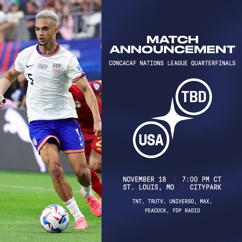 USMNT's tweet photo. See you soon, STL!

🇺🇸 USA vs. TBD 🌎
🏆 Nations League Quarterfinals
📆 Nov. 18
📍 St. Louis, Mo.