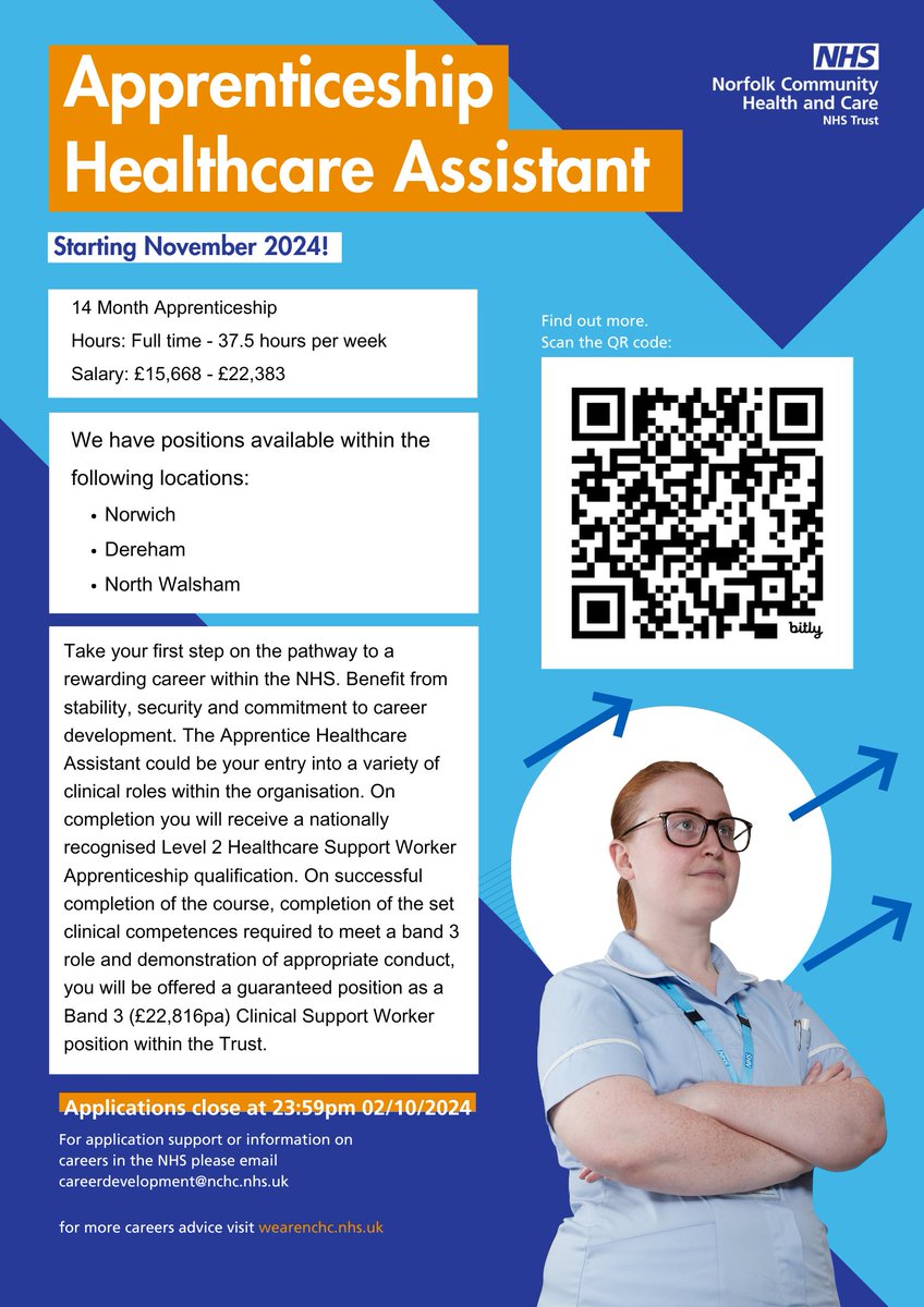 ⭐Apprenticeship Opportunity⭐
Looking for a career in #healthcare?
<a href="/NCHC_NHS/">NCH&C</a> are recruiting to multiple #Apprentice Healthcare Assistant roles across #Norfolk!

Applications close 2nd October 2024. 
Apply here➡️bit.ly/3XTqSpK

<a href="/ApprenticeCCN/">CCN Apprenticeships</a> 
#NHScareers