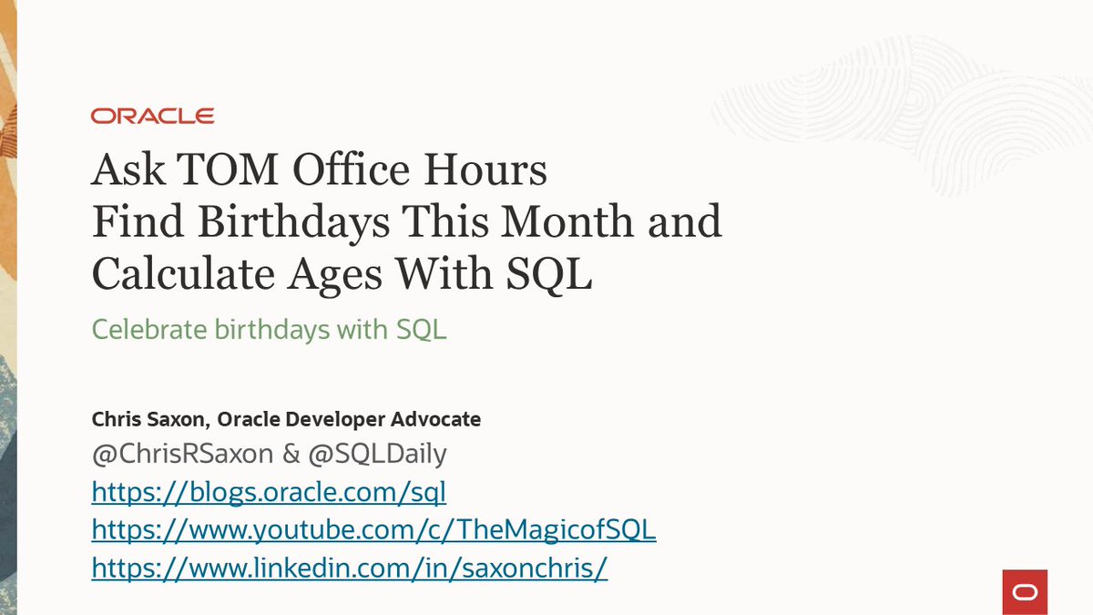 #SQL is 50 this year!

To celebrate, in next month's #AskTOMOfficeHours we're

Finding upcoming birthdays
Calculating ages

What questions to you have on these topics?

Send me your questions &amp; join us for the answers

Tue 15 Oct, 2pm London time

asktom.oracle.com/ords/r/tech/ca…