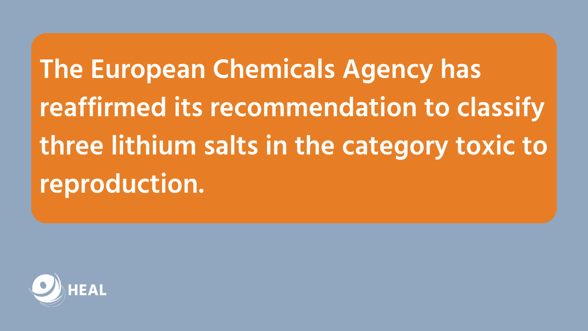 HealthandEnv's tweet photo. .@EU_ECHA reaffirmed recommendation to classify 3 lithium salts in the category toxic to reproduction.
@EU_Commission should follow this recommendation with no further delay to inform & protect workers & the public adequately in application of the #EU_CLP.
https://t.co/6Hpl7wxnvN https://t.co/dwj2tW2z7R