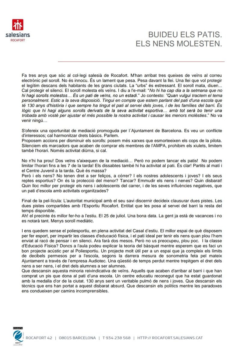 SalesiansRoc's tweet photo. Protegim els patis de les escoles. Protegim l'educació. Protegim l'esport escolar. Protegim la salut dels infants. Avui és el nostre pati. Demà pot ser el teu.
@consorciedubcn @educaciocat @bcn_ajuntament @Bcn_Eixample @avstantoni @som3cat @diariARA @LaVanguardia @RTVECatalunya https://t.co/maie8GeeyW