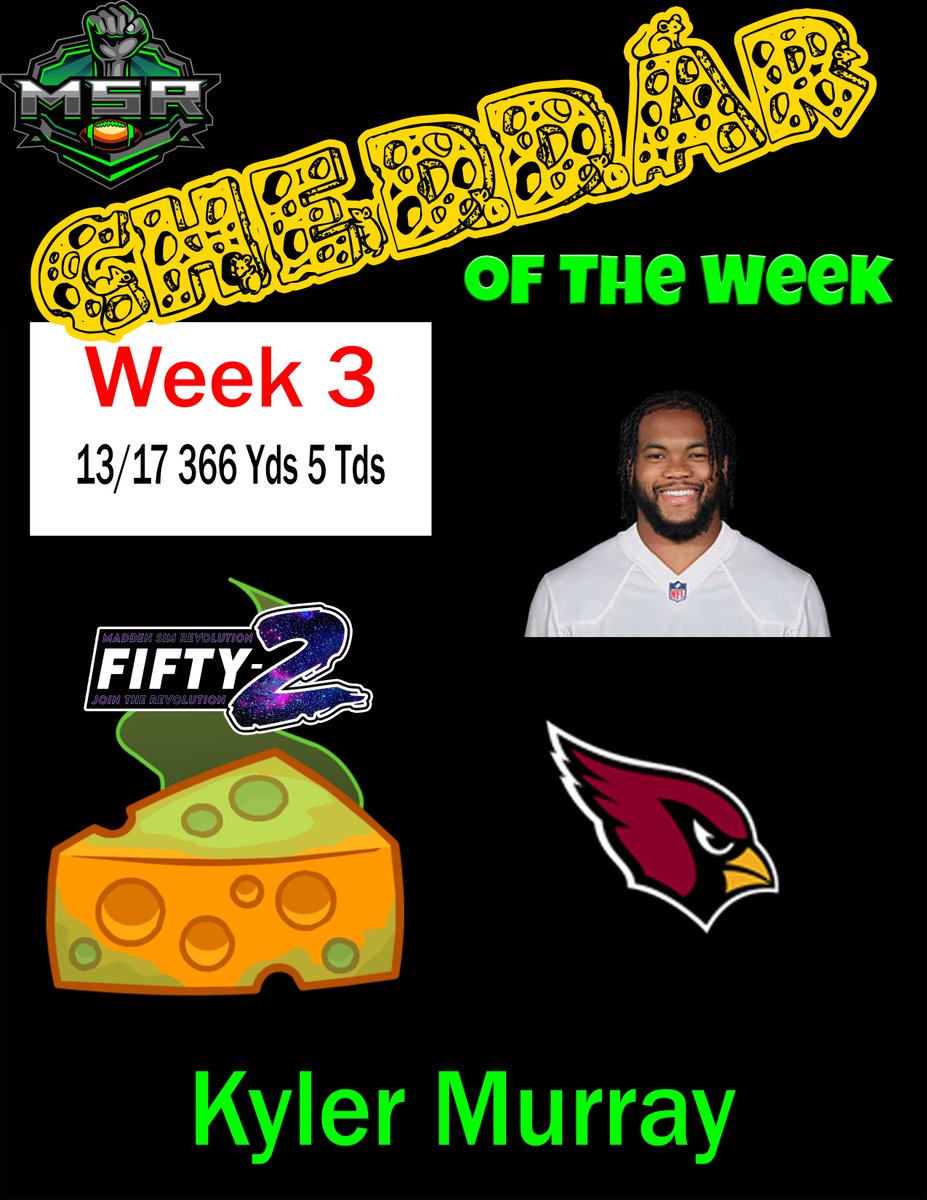 CheddarWeek's tweet photo. Week 3 Of MSR had some very small CHEDDAR in both stats and height as we see Kyler Murray find himself on this list. Followed up by what might be the cheesiest looking man in the game Gardner Minshew in Week 4. We had us a Double stack of Cheddar QB Cheese. @MSRLeague https://t.co/AY9jsKdSCu