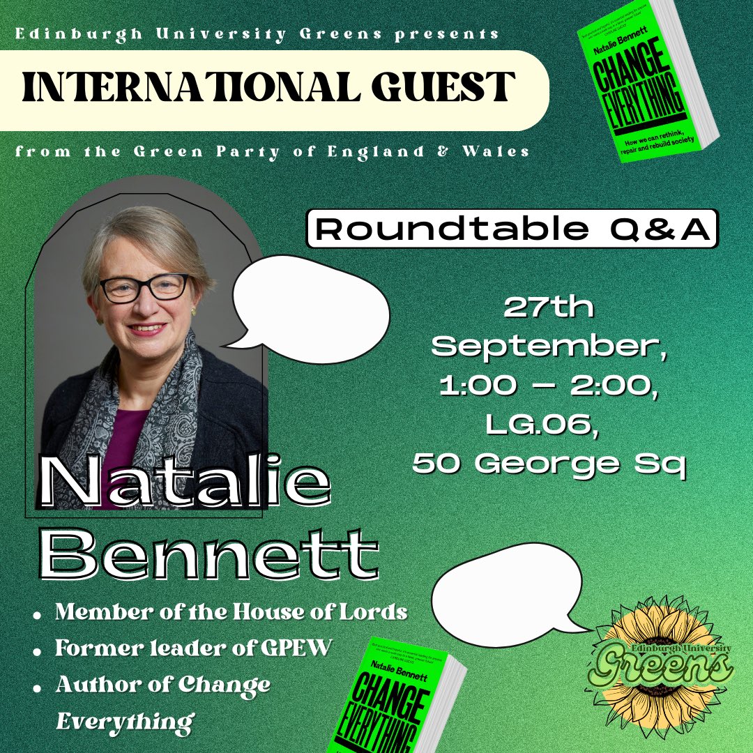 FREE TICKETS IN OUR BIO!

Make sure to join us this Friday at 1pm for an exclusive Q&amp;A session with Natalie Bennett, member of the House of Lords and former leader of the Green Party of England &amp; Wales.