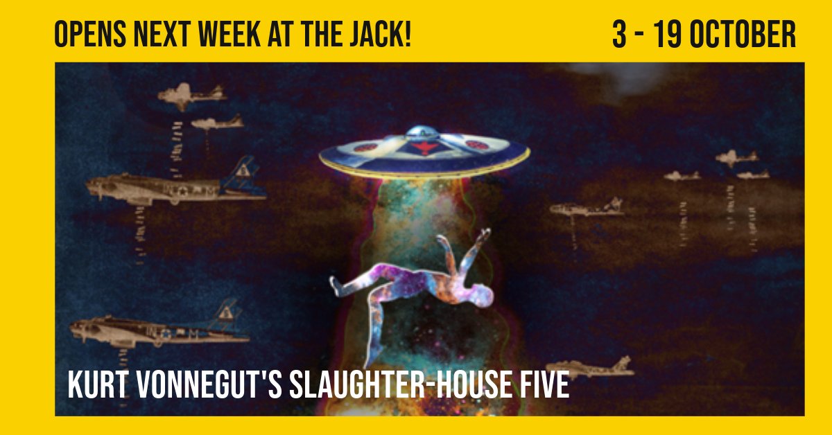 Kurt Vonnegut’s Slaughterhouse-Five opens next week at the Jack!
<a href="/Sgtheatre/">So It Goes Theatre</a> return to Jack Studio to bring this incredible story to life with expert storytelling, immersive sound and spectacular video design. 
Runs: 3 – 19 Oct.
Info &amp; booking: bit.ly/3VWhsYo
