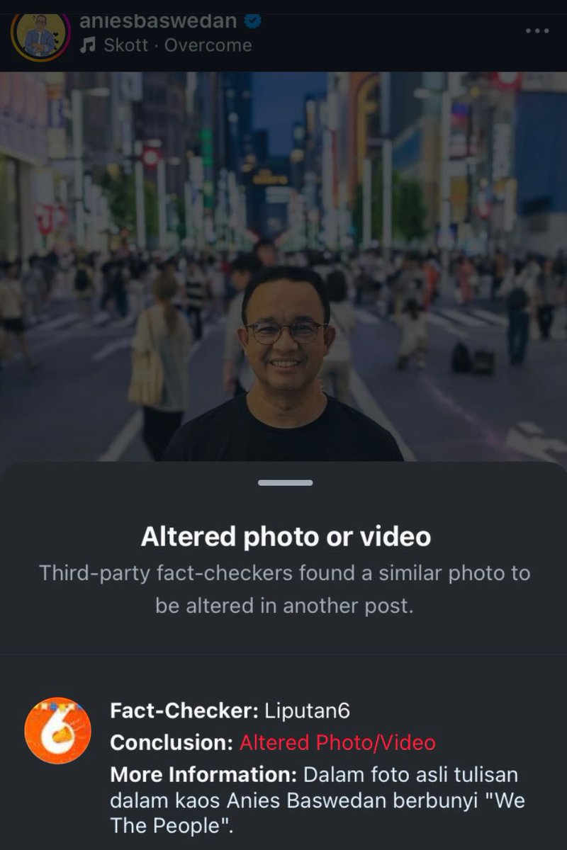 aniesbaswedan's tweet image. Terima kasih niat baiknya membantu fact-check hoax terkait foto saya, tapi kok malah foto asli di akun IG saya yg ditandai sebagai altered? Salah sasaran dong. 😅 Semoga bisa segera diperbaiki oleh @liputan6dotcom dan @Meta.