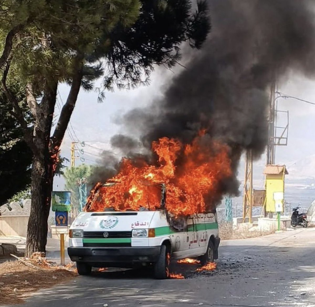EyeonPalestine's tweet photo. An Israeli air strike targets an ambulance during the ongoing aggression against southern Lebanon. https://t.co/Zz3uMbOq1A