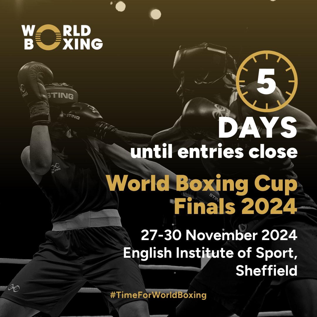 This is the last chance to submit entries for the World Boxing Cup Finals this November. Entries close in just five days.

To enter before the window closes, and for further information, visit: worldboxing.org/entry-details-…

#TimeForWorldBoxing #Boxing