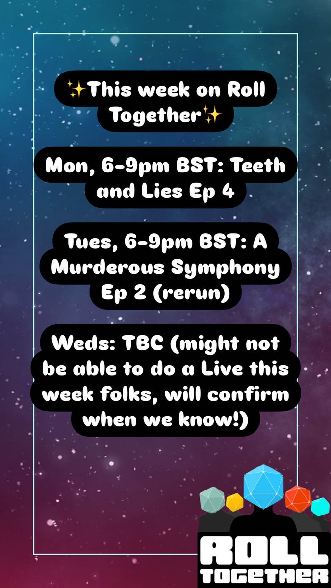 Roll Together RPG (@rolltogetherrpg) on Twitter photo Here's what's going on Roll Together RPG this week come check us out at twitch.tv/rolltogetherrpg
<a href="/phoenixdice/">Phoenix Dice</a> <a href="/idlechampions/">Idle Champions</a> <a href="/Beard_Ladies/">Bearded Ladies</a> #rolltogether #ttrpg #DnD #homebrew Here's what's going on Roll Together RPG this week come check us out at twitch.tv/rolltogetherrpg
<a href="/phoenixdice/">Phoenix Dice</a> <a href="/idlechampions/">Idle Champions</a> <a href="/Beard_Ladies/">Bearded Ladies</a> #rolltogether #ttrpg #DnD #homebrew