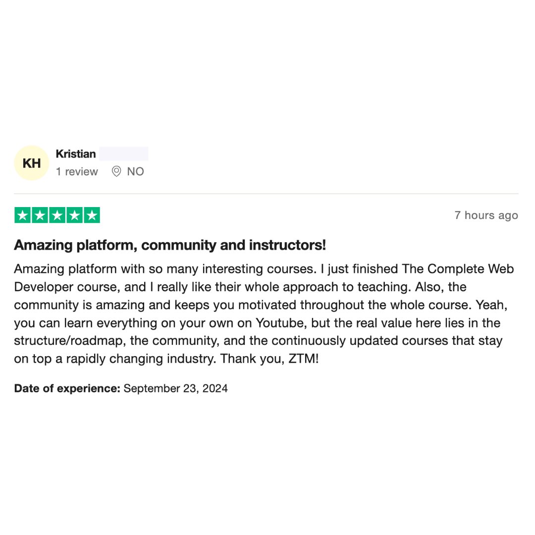 zerotomasteryio's tweet photo. Kristian just crushed The Complete Web Developer course! 💪
Whether you’re a beginner or looking to upskill, ZTM has your back with a supportive community and top-notch content.
#learntocode #programming #coding #javascript #python #learnwithztm https://t.co/wv5GT39Jjd