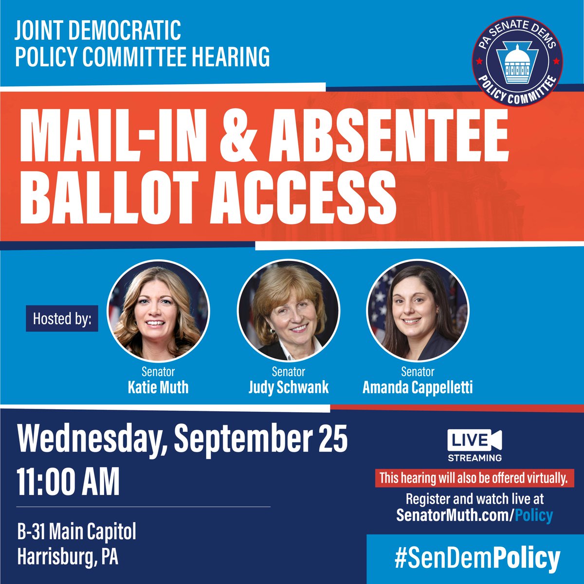 Join the #SenDemPolicy Committee on Wednesday for a hearing on mail-in and absentee ballot access.

Hearing hosts include:
⭕ <a href="/SenJudySchwank/">Sen. Judy Schwank</a> 
⭕ <a href="/SenCappelletti/">Senator Amanda Cappelletti</a>

Register and watch the hearing at SenatorMuth.com/Policy