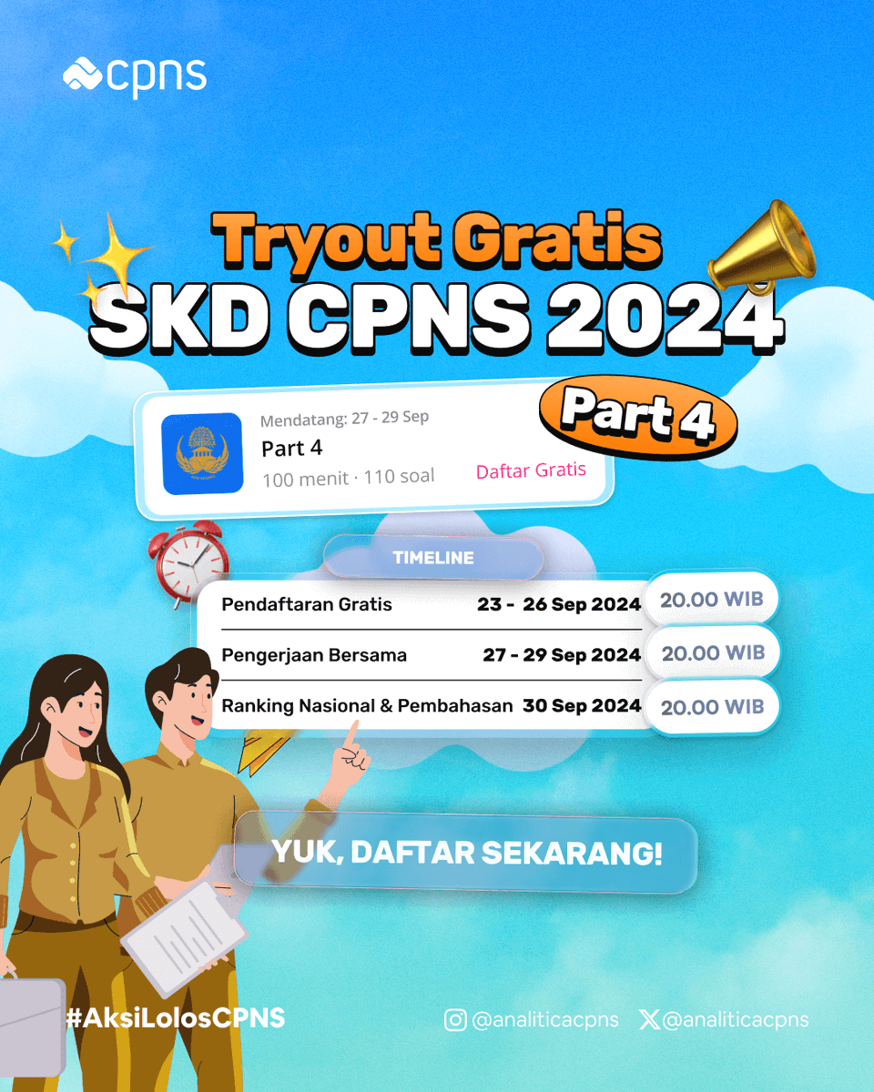 analiticacpns's tweet image. ANALITICA TRYOUT GRATIS LAGI!😤

📆Daftar Gratis: 23 - 26 September 2024 20.00 WIB
📝Pengerjaan: 27 - 29 September 2024 20.00 WIB
📄Pembahasan &amp;amp; Ranking: 30 September 2024 20.00 WIB

Gimana cara daftarnya? 👇