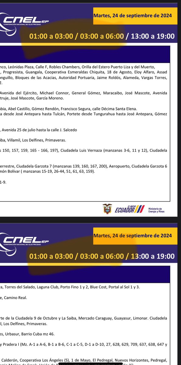 Es confuso lo de los horarios de corte de luz en varios sectores, miren esto en sus redes @RecNaturalesEC