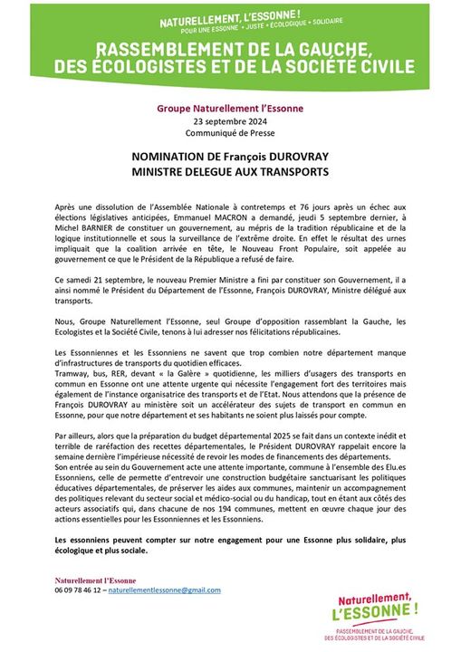 Naturellement91's tweet photo. Nomination de François Durovray ministre délégué aux Transports : le communiqué du groupe @Naturellement91 https://t.co/KFlQ4YszLc