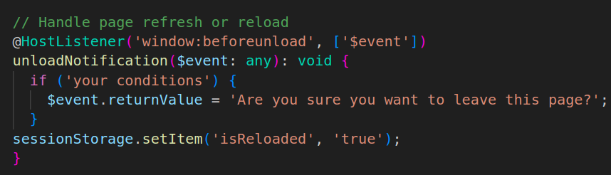 m_ragulpriyan's tweet photo. Day 51 of #100DaysOfNewTechnology: Today I learned how to handle page reloads or refreshes in JavaScript! 🚪🔁 With @HostListener('window:beforeunload'), I can warn users about unsaved changes before they leave the page. #JavaScript #WebDev #FrontendDevelopment #PageRefresh https://t.co/2sr2GmoX5r