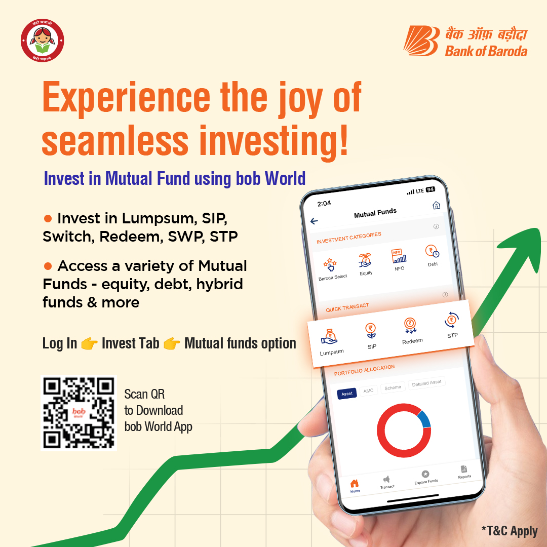 bankofbaroda's tweet photo. Discover the ease of investing with Bank of Baroda! 🌟
Whether it's Lumpsum, SIP, Switch, Redeem, SWP, or STP – we've got you covered! Explore a variety of Mutual Funds, including equity, debt, hybrid funds, and more using the bob World app.
📲 Download the #bobWorld app, log in, and navigate to the Invest tab to get started!
🔗 Download Now: https://t.co/yUUxmqjrRj
#InvestSmart #BankofBaroda #MutualFunds #bobWorld #SmartInvesting #SeamlessInvesting