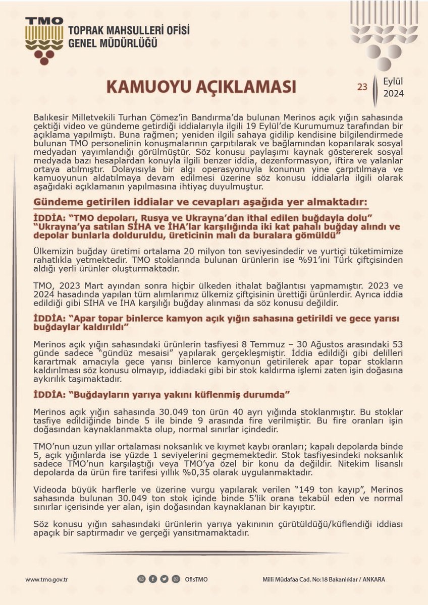 OfisTMO's tweet photo. 19.09.2024'te Kurumumuzca detaylı açıklama yapılmasına rağmen Balıkesir Milletvekili Turhan Çömez'in manipülasyona devam etmesi üzerine, gündeme getirdiği iddialara ilişkin cevaplarımız aşağıdadır.

Konu hakkında Kurumumuz faaliyetlerini çarpıtma ve kamuoyunu aldatmaya yönelik ifadelerden dolayı hukuki süreç başlatılmıştır.