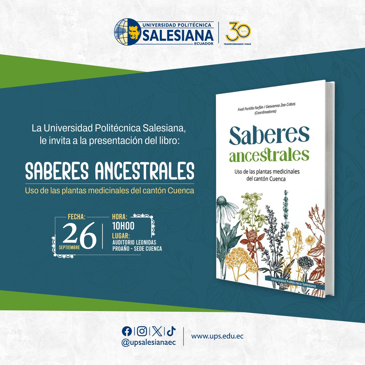 La #UPS sede #Cuenca, a través de la Carrera de #IngenieríaAmbiental, el Grupo de Investigación de Biotecnología y Ambiente y el Grupo de Investigación de Comunicación, Educación y Ambiente; invita a la comunidad universitaria a ser parte de la presentación del Libro: “Saberes
