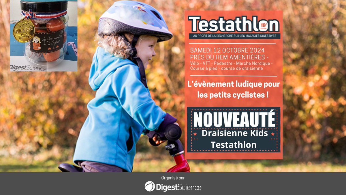 digestscience's tweet image. 🚴‍♂️ Attention les parents, préparez vos mini-champions !🏆Le Testathlon d'Armentières s'agrandit avec une nouvelle épreuve dédiée aux tout-petits : la course de draisienne pour les 2-5 ans !
5€ : Dossard + plaque
8€ : idem +  maillot collector OU repas
🏅 testathlon.com