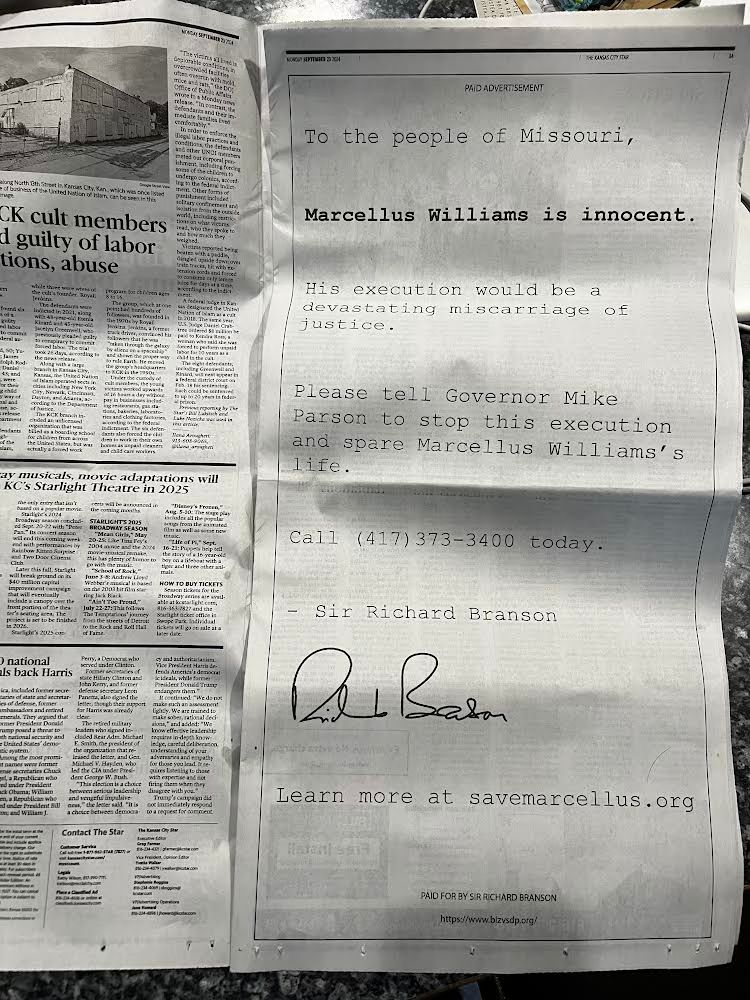 Marcellus Williams is innocent. We placed this full-page ad in the Kansas City Star today, urging Missouri @GovParsonMO to halt the execution of an innocent man: innocenceproject.org/petitions/call… <a href="/innocence/">Innocence Project</a> <a href="/The_MIP/">Midwest Innocence Project</a> #SaveMarcellus