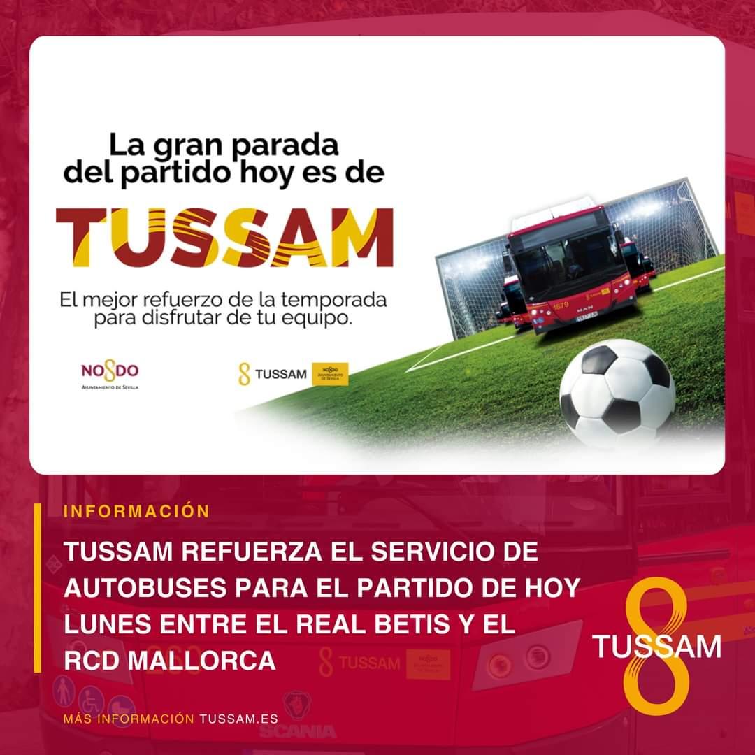 #TUSSAMinforma | TUSSAM refuerza el servicio de autobuses para el partido de hoy lunes entre el Real Betis🟢⚪️ y el RCD Mallorca.

✅ Las líneas 1, 2, 3 y 6 verán incrementado el servicio con 24 autobuses de refuerzo (al finalizar estarán estacionados en paradas exclusivas en las