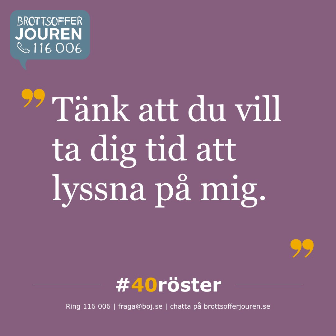 👂 Behöver du någon att prata med om dina upplevelser som brottsoffer? Vi lyssnar &amp; stöttar dig genom hela processen. Anonymt &amp; kostnadsfritt. BOJ har stöttat brottsutsatta i 40 år. Hör några av deras erfarenheter av brottsofferstöd i kampanjen #40röster.
#stödsomgerkraft