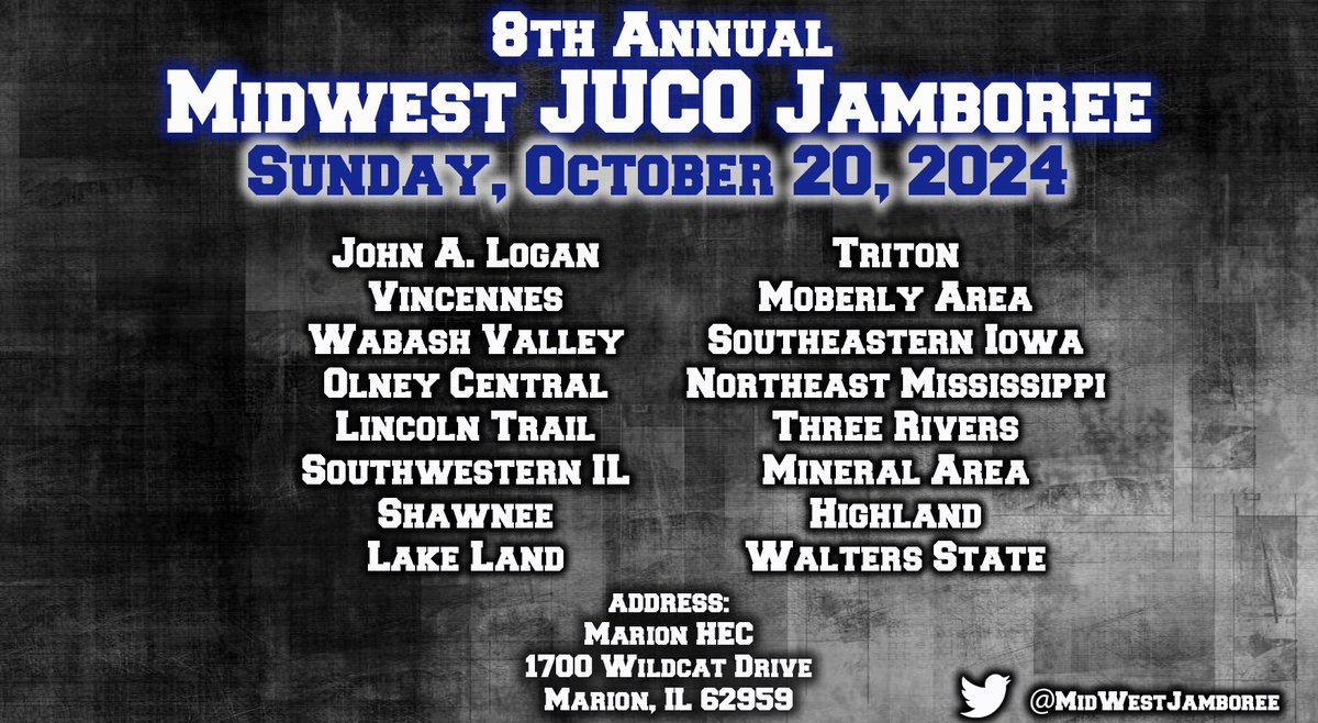 MidWestJamboree's tweet image. 2️⃣7️⃣ Days until til the Midwest JUCO Jamboree classic in Marion, Illinois!
Don’t want to miss out on some great players & competition!