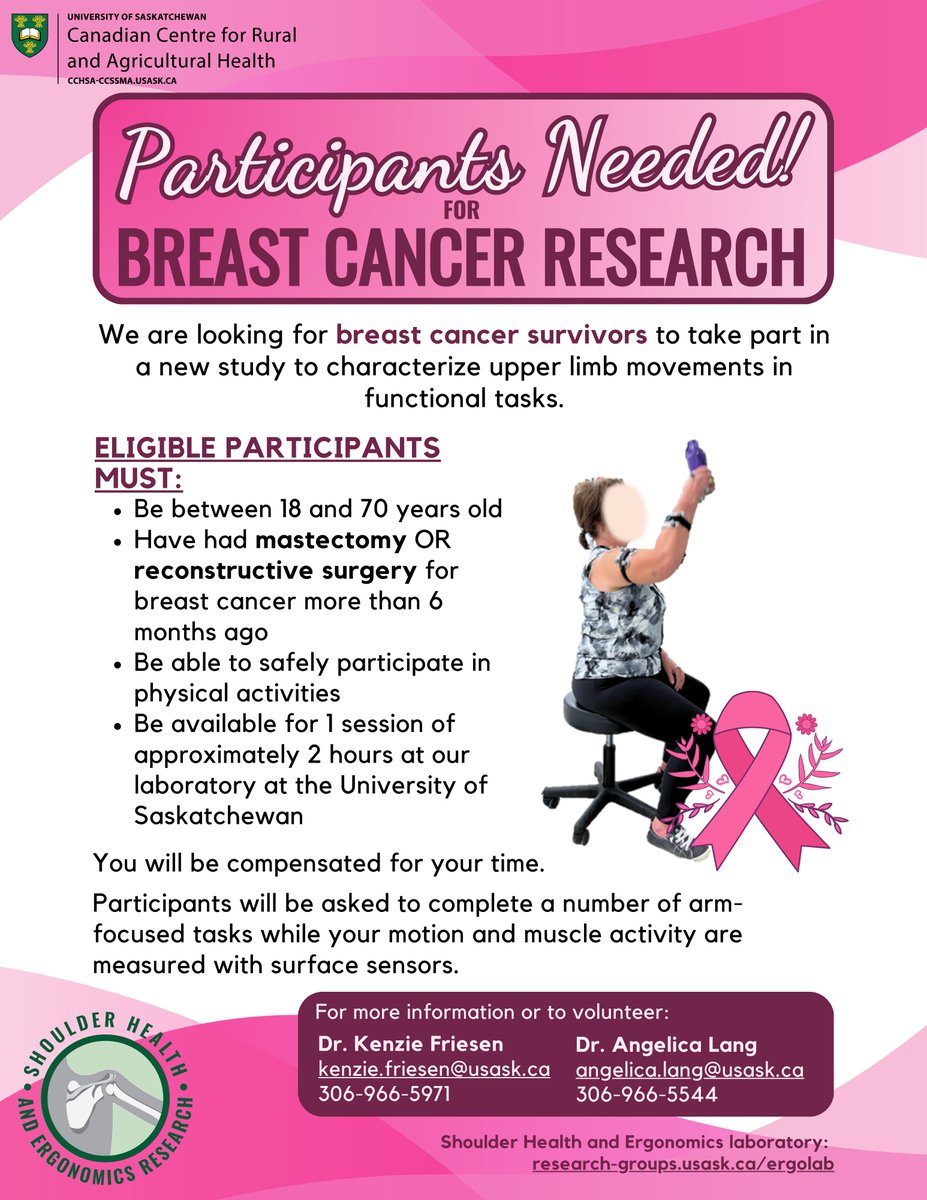 Canadian Centre for Rural and Agricultural Health (@usaskccrah) on Twitter photo Researchers at the University of Saskatchewan looking for breast cancer survivors to take part in a study aiming at characterizing upper limb movement in functional tasks.
<a href="/USaskMed/">USask Medicine</a> <a href="/usask/">U of Saskatchewan</a> <a href="/USaskResearch/">University of Saskatchewan Research</a> Researchers at the University of Saskatchewan looking for breast cancer survivors to take part in a study aiming at characterizing upper limb movement in functional tasks.
<a href="/USaskMed/">USask Medicine</a> <a href="/usask/">U of Saskatchewan</a> <a href="/USaskResearch/">University of Saskatchewan Research</a>