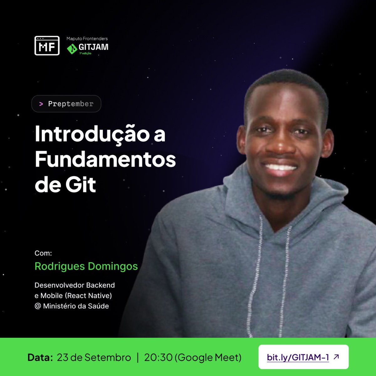 *Hello dev. 👋🏾👋🏾*

Hoje temos a segunda secção do GITJAM pontualmente às 20:30, no google meet.🤩

Estás pronto? 
Coloque um reminder para que não percas o segundo episódio da primeira edição da maratona de GIT.🚀

Esperamos por todos vocês, Até já!