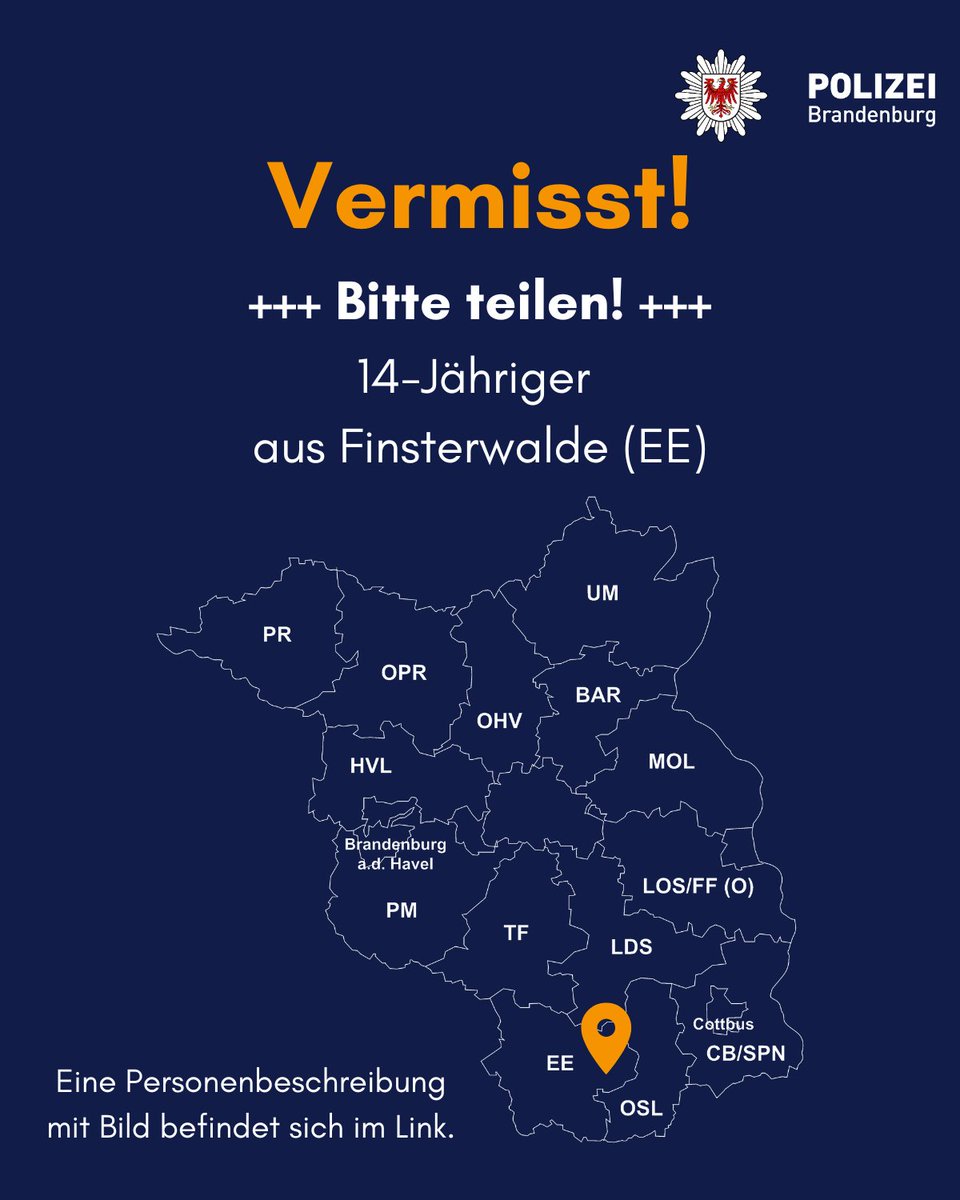 PolizeiBB's tweet photo. #Fahndung 
Wir bitten um Unterstützung! Seit dem 18.09.24 wird ein 14-Jähriger aus Finsterwalde (EE)  #vermisst. 

Mehr Infos und Bild: https://t.co/A6ZBsFg4IG  

Hinweise ☎ 03531 781 1227  

Teilen Sie keine Hinweise über soz. Medien. https://t.co/dzBcmI1Btl