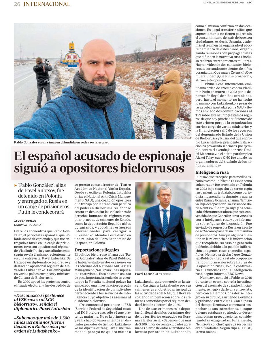penas_alvaro's tweet image. Hoy en @abc_es mi entrevista con el opositor bielorruso @PavelLatushka.
El político bielorruso afirma que ‘Pablo González’, alias de Pavel Rubtsov, le había visitado en dos ocasiones en las oficinas del National Anti-Crisis Management (NAU) para unas supuestas entrevistas. Esto…