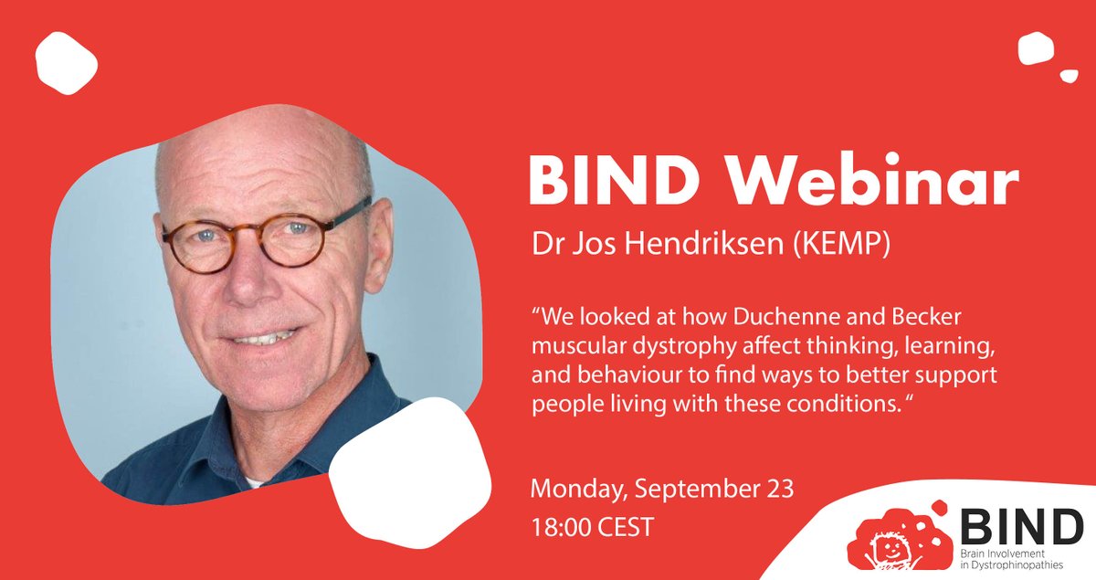 BINDproject (@eu_bind) on Twitter photo ⏰ Last change to register!
Tonight at 18:00 CEST, Dr. Jos Hendriksen from <a href="/Kempenhaeghe/">Kempenhaeghe</a> presents how to assess cognitive and behavioural challenges in Duchenne and Becker MD.
👉 Register here:
bindproject.eu/bind-patient-w… ⏰ Last change to register!
Tonight at 18:00 CEST, Dr. Jos Hendriksen from <a href="/Kempenhaeghe/">Kempenhaeghe</a> presents how to assess cognitive and behavioural challenges in Duchenne and Becker MD.
👉 Register here:
bindproject.eu/bind-patient-w…