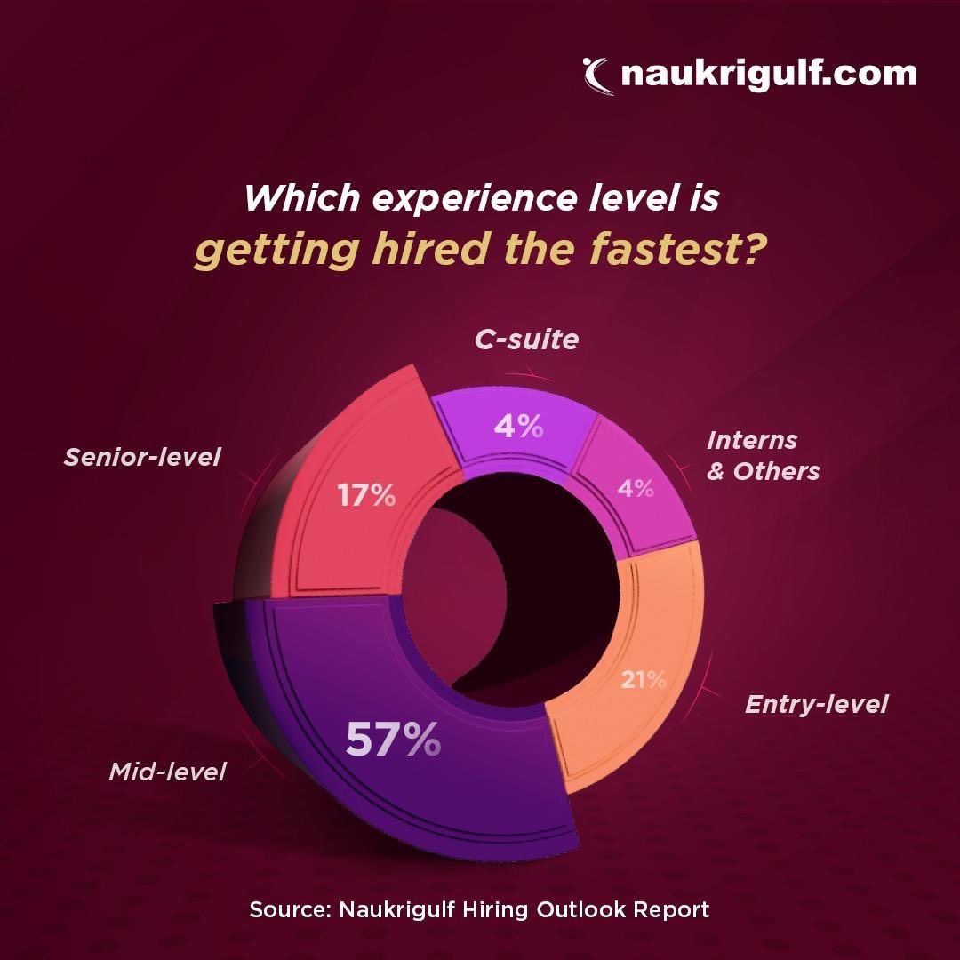 Naukrigulf's tweet photo. Gulf recruitment trends explained by Naukrigulf Hiring Outlook Report! 

What’s in demand? Mid-Senior level professionals! Our survey says 57% of respondents believe this experience level is getting hired faster.

#HiringOutlook #Gulf https://t.co/ekq1w5NUGy