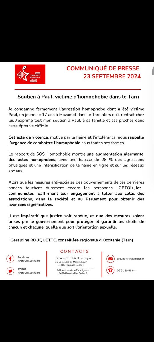 La haine et la violence homophobe ont frappé dans le Tarn. 
C'est intolérable. 
Tout mon soutien à Paul et à ses proches.