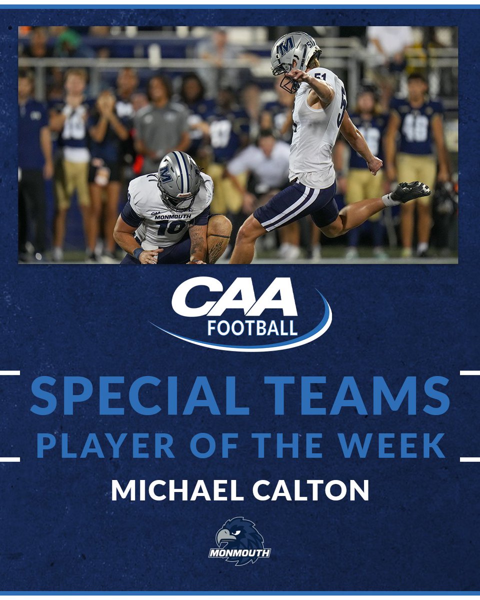 🏈 #CAAFB Special Teams Player of the Week

Michael Calton kicked a game-winning 43-yard field goal with 1:52 remaining to lift <a href="/MUHawksFB/">Monmouth Football</a> to a 45-42 victory over FBS member FIU

📰 tinyurl.com/335f9rcf