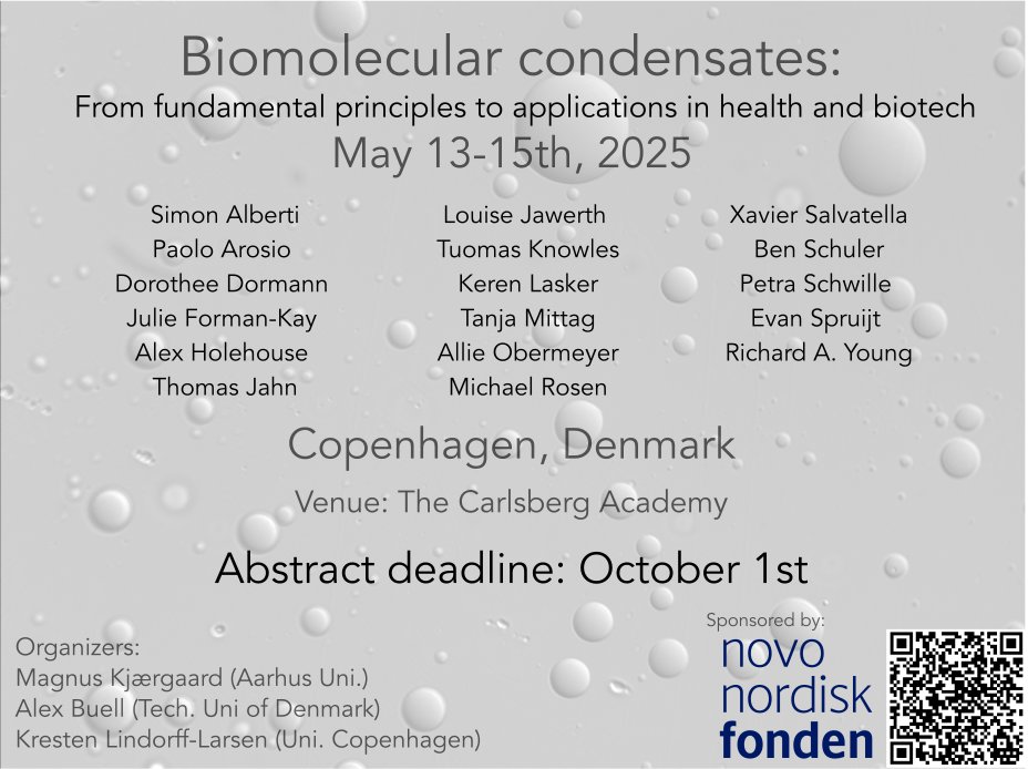 The abstract submission deadline of our conference on biomolecular condensates is approaching fast! 

Sign-up before Oct. 1st to be considered for a short talk and secure one of the limited seats!

events.au.dk/biomolecular-c…