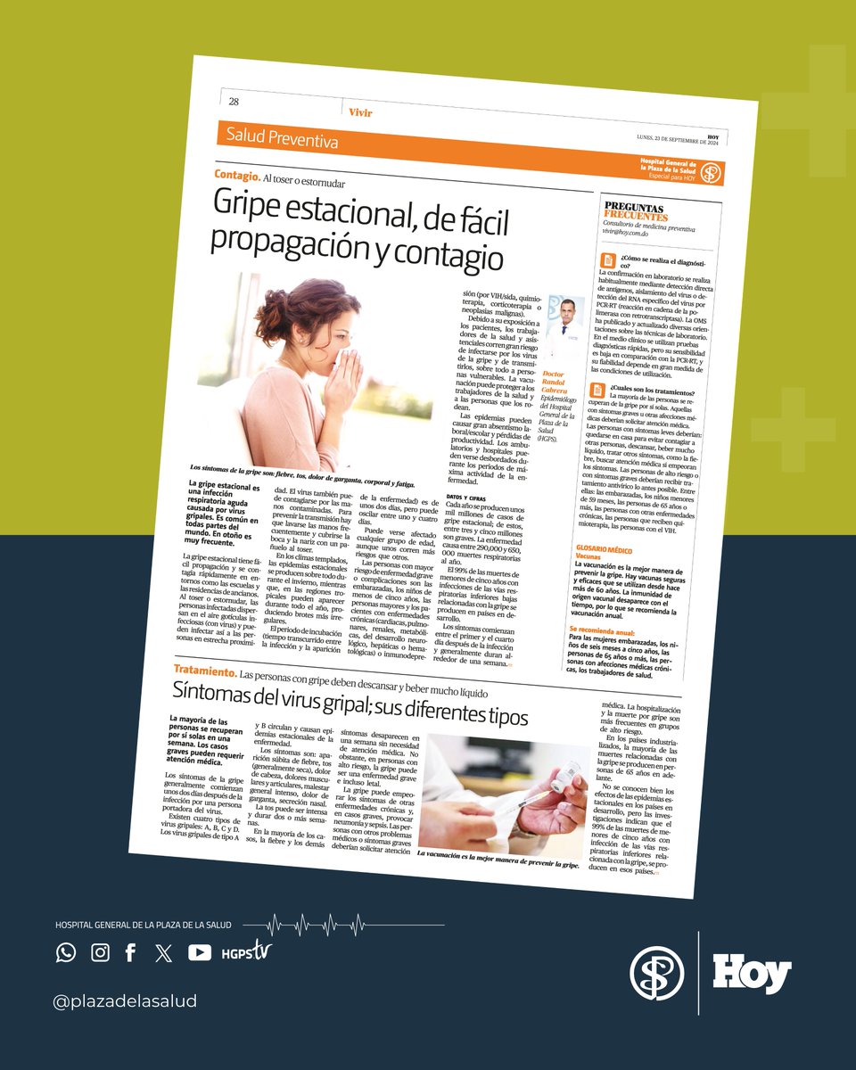 La gripe estacional tiene fácil propagación y se contagia rápidamente en entornos como las escuelas y las residencias de ancianos. Conoce más detalles sobre esta, en el enlace hoy.com.do/gripe-estacion…