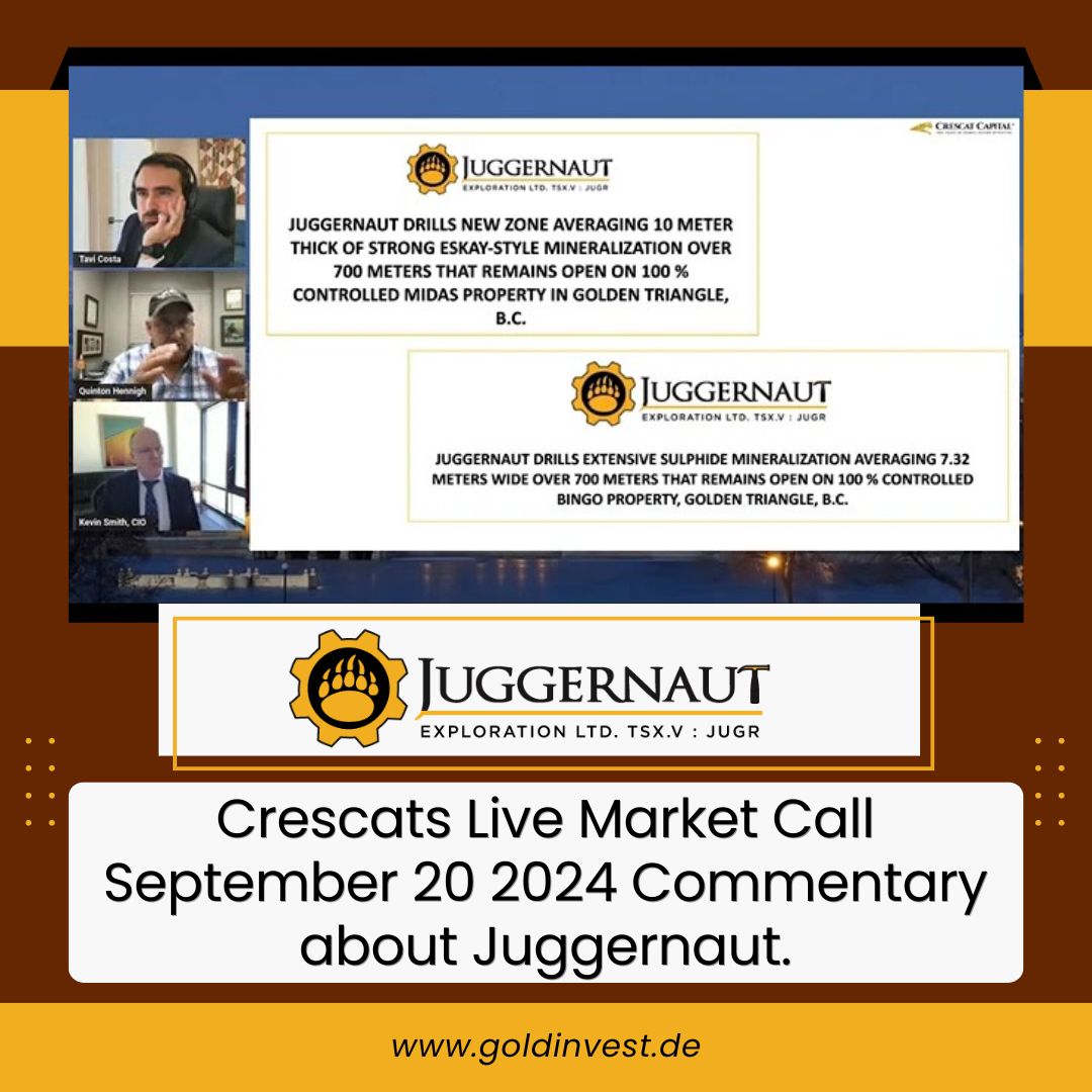 GOLDINVEST_de's tweet photo. Crescats Live Market Call September 20 2024 Commentary about Juggernaut.
#JuggernautExploration Inc. is exploring its 100% optioned Midas property in NW BC Canada.
Full Video ▶️▶️ https://t.co/fhjfEUGRvG
@JuggernautExpBC $JUGR