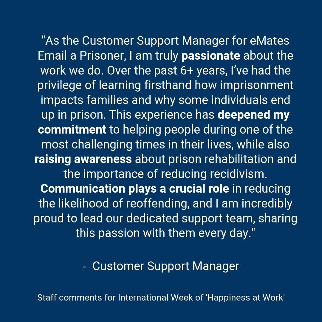 PrisonTechnolog's tweet photo. Here’s how we make a real difference every day! 👇
At eMates (Email a Prisoner), we believe a positive work environment impacts our team & the people we serve. This International Week of #HappinessAtWork, we’re sharing what brings us joy! 💙
#Teamwork #MakingADifference #eMates https://t.co/D9VOT2oX0h