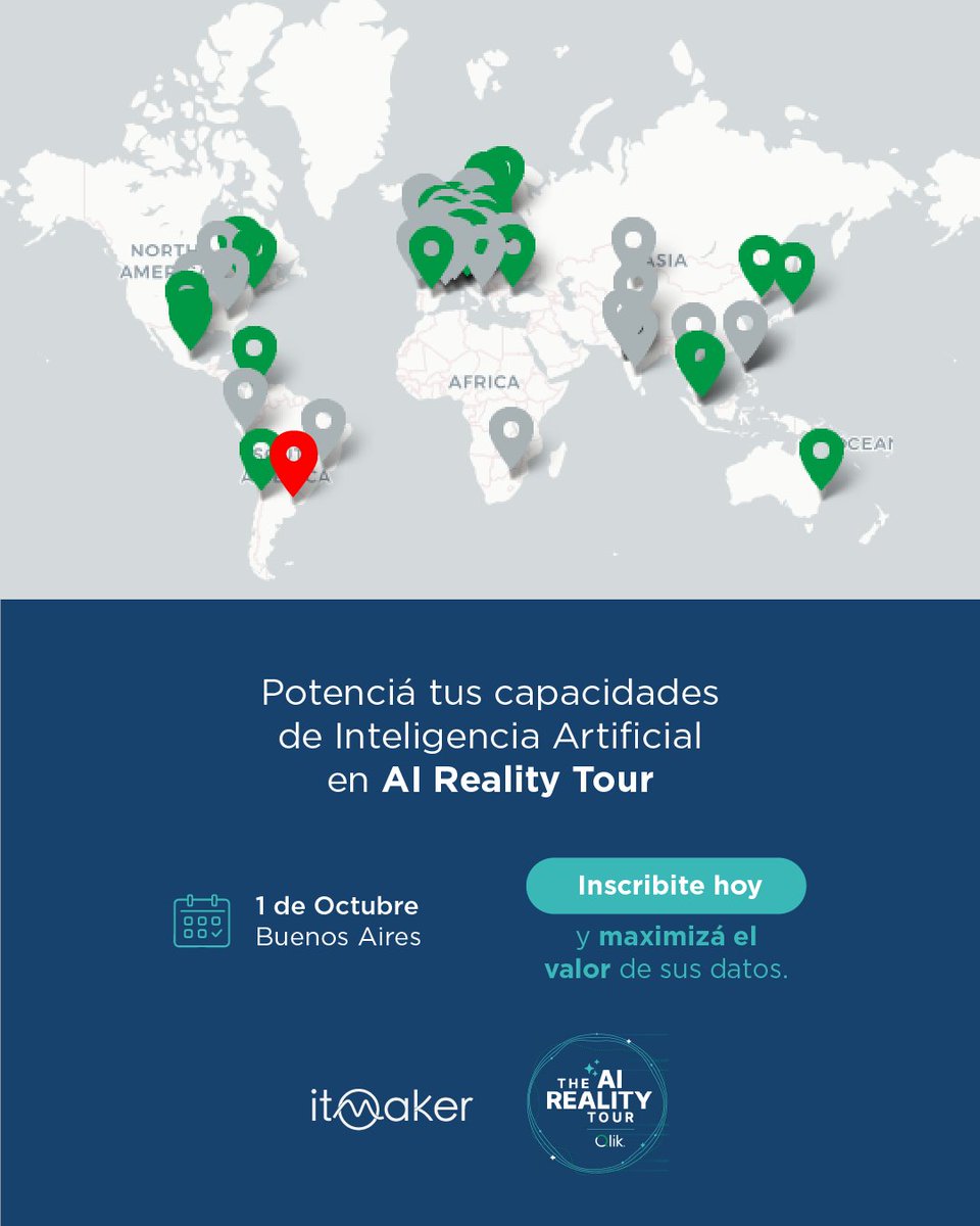 ITMakerArg's tweet image. 🇦🇷 E𝗹 𝗔𝗜 𝗥𝗲𝗮𝗹𝗶𝘁𝘆 𝗧𝗼𝘂𝗿 recorre el mundo y hará parada en 𝗕𝘂𝗲𝗻𝗼𝘀 𝗔𝗶𝗿𝗲𝘀

🌐Inscribite para explorar juntos la innovación y tendencias de la inteligencia artificial  lnkd.in/dWin5_QC

📍1 /10/24 - 9:30 a 14:30h
🔸Mas info Qlik.com