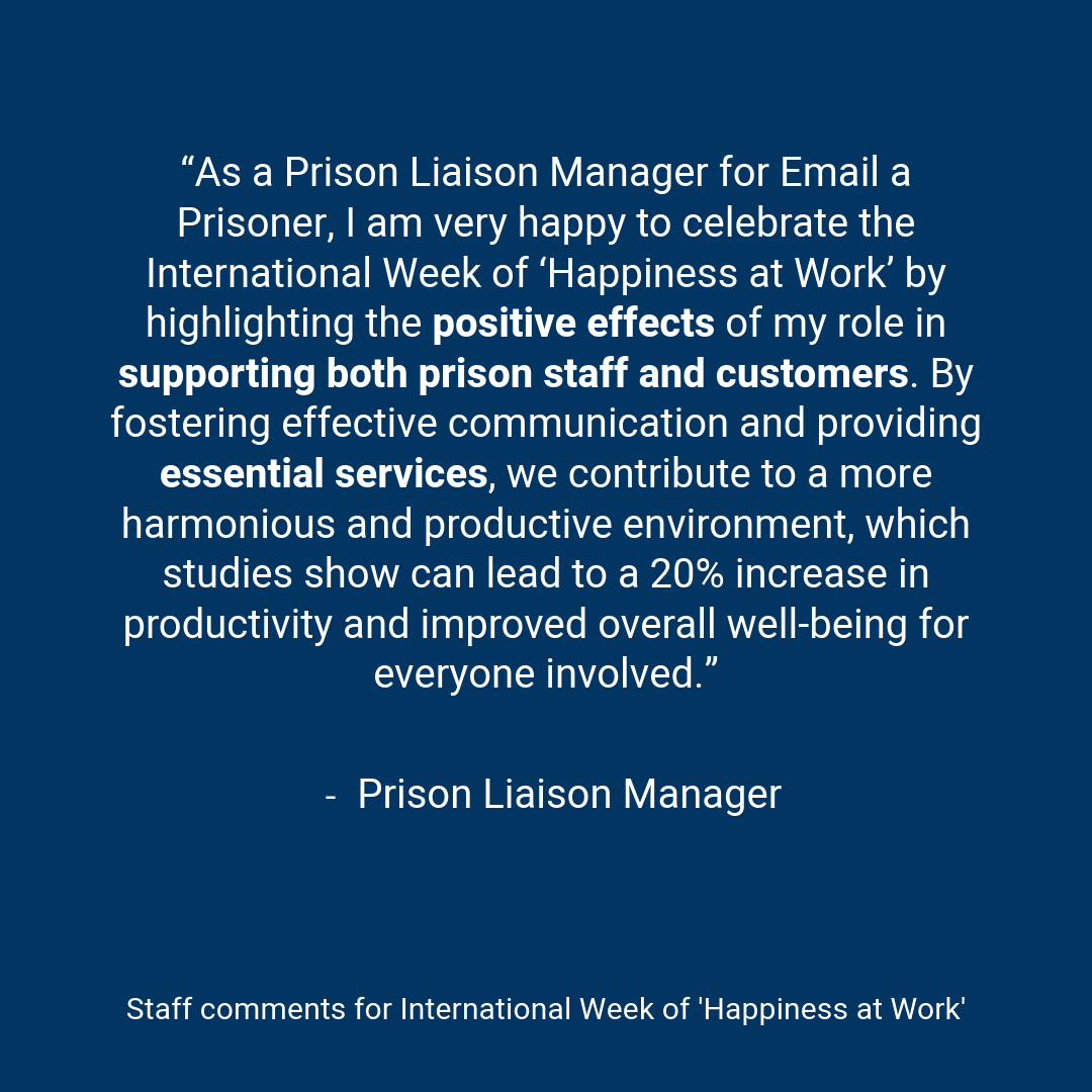 PrisonTechnolog's tweet photo. Here’s how we make a real difference every day! 👇
At eMates (Email a Prisoner), we believe a positive work environment impacts our team & the people we serve. This International Week of #HappinessAtWork, we’re sharing what brings us joy! 💙
#Teamwork #MakingADifference #eMates https://t.co/D9VOT2oX0h